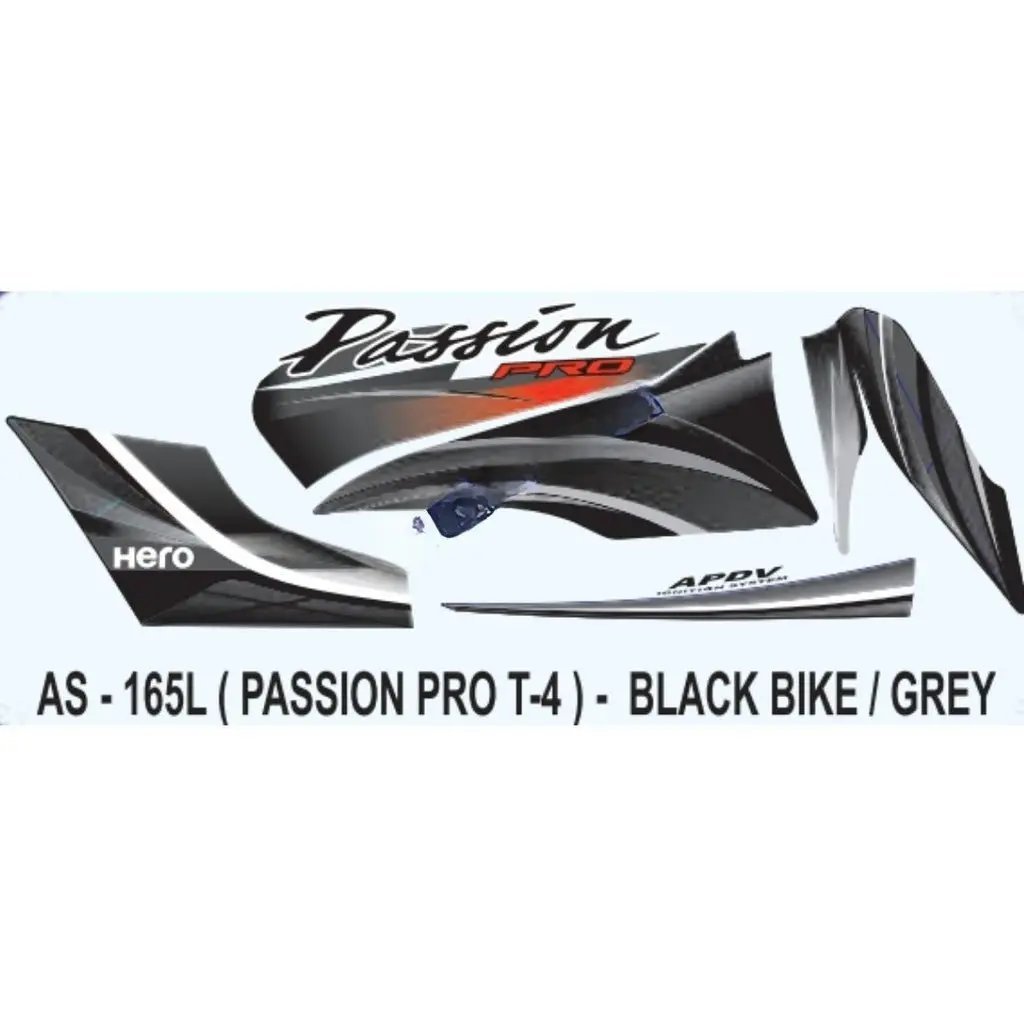 Graphics Sticker Set For Hero Passion Pro | Type 4 | Black Vehicle | Grey Sticker | Both Sides