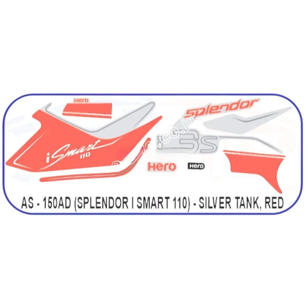 Graphics Sticker Set For Hero Splendor Ismart 110 | Silver Tank & Red Sticker | Both Sides
